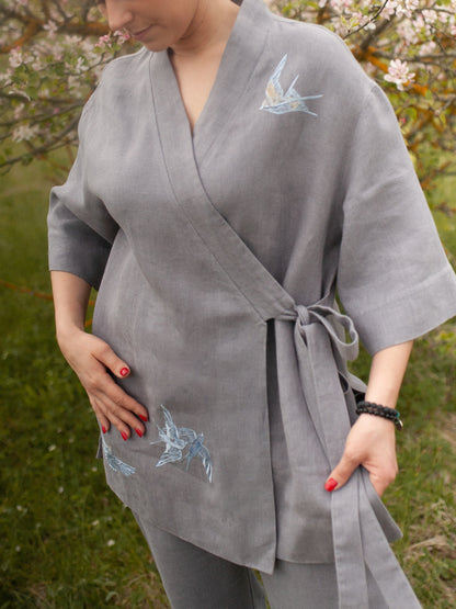 Linen kimono “Nightingales”